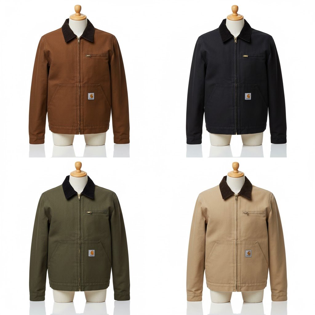 Four Carhartt Detroit jackets in brown, black, olive and tan