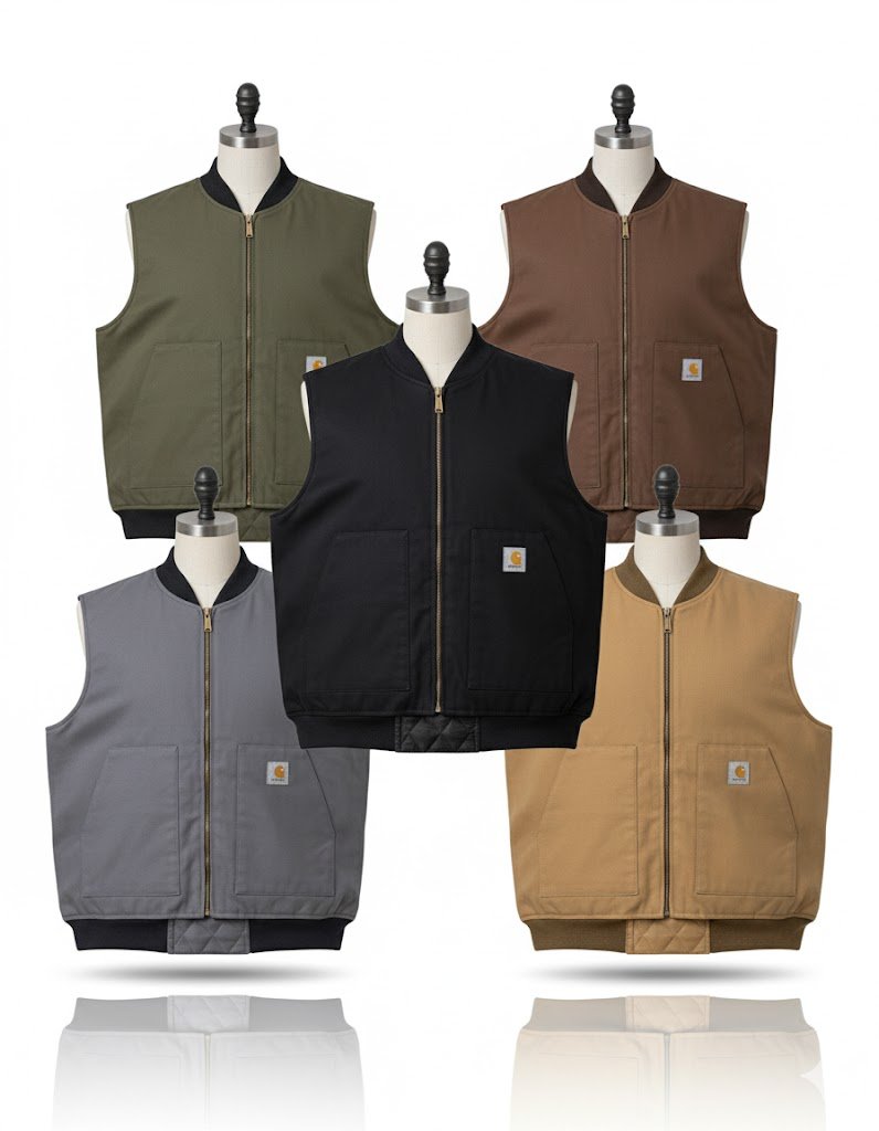 Five Carhartt work vests in olive, brown, black, grey and tan