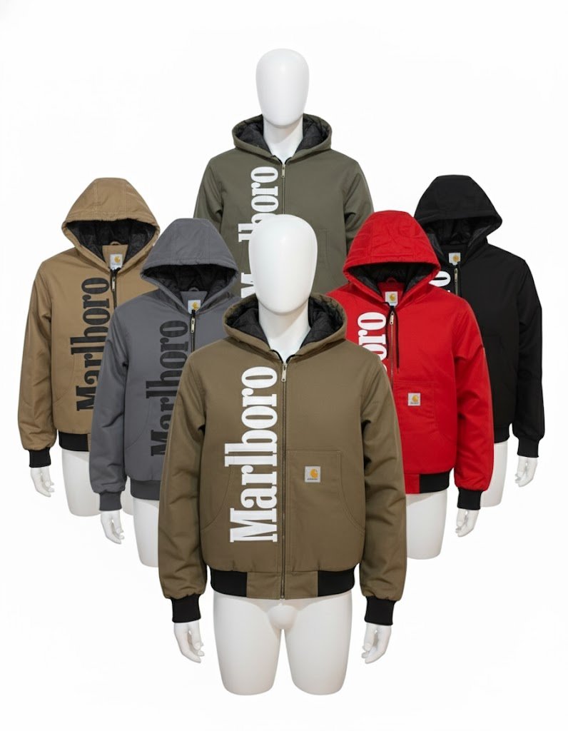 Five Marlboro-printed hooded jackets in tan, grey, olive, red and black