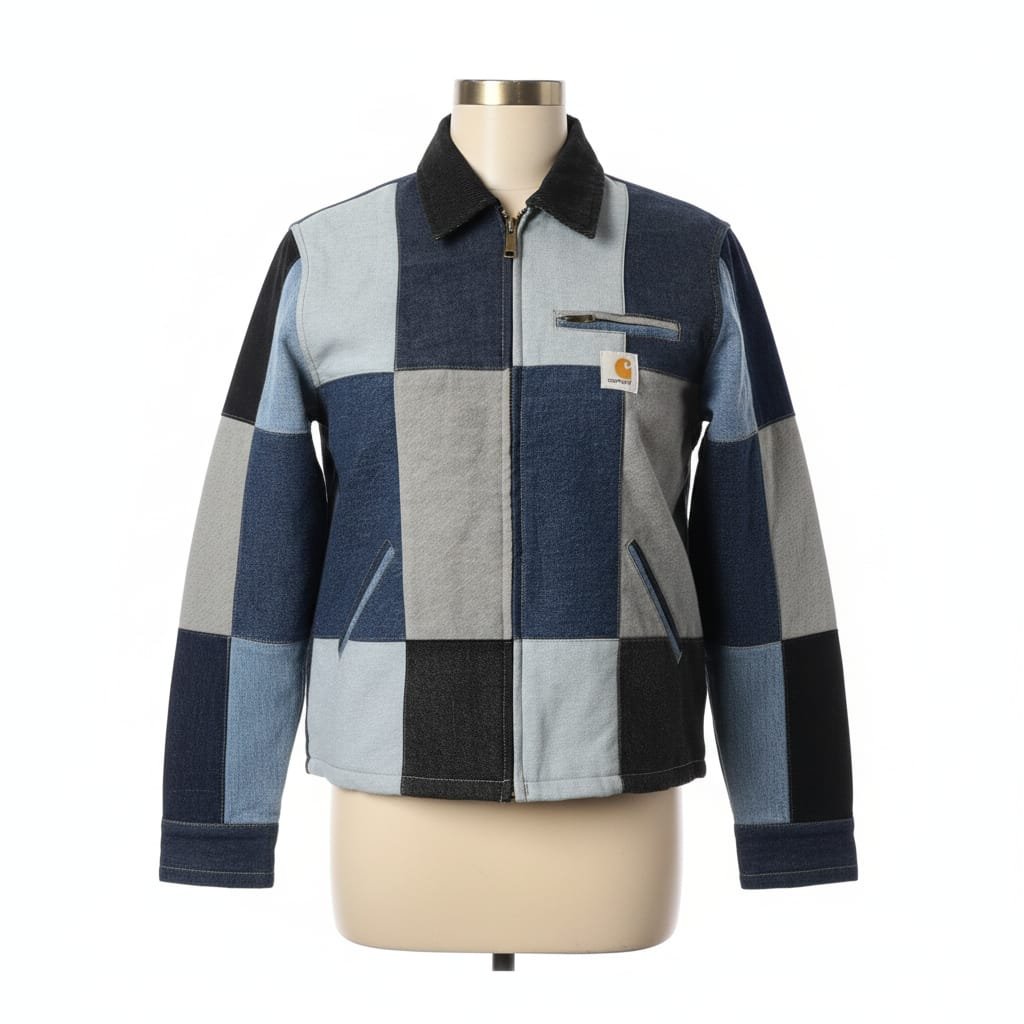 Carhartt jacket rebuilt from patchworked denim panels in mixed washes